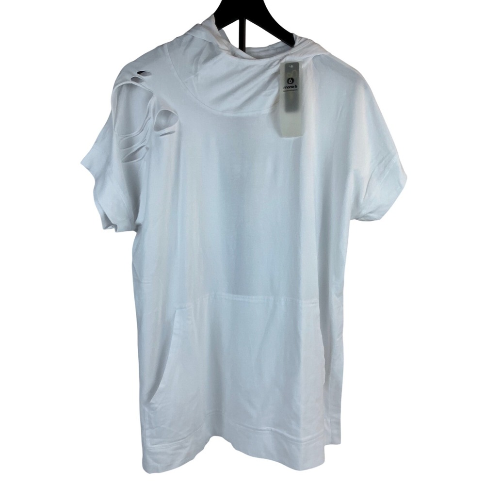 NWT Mono B White Hoodie Tunic Top Womens S/M‎ Short Sleeve Distressed Athleisure